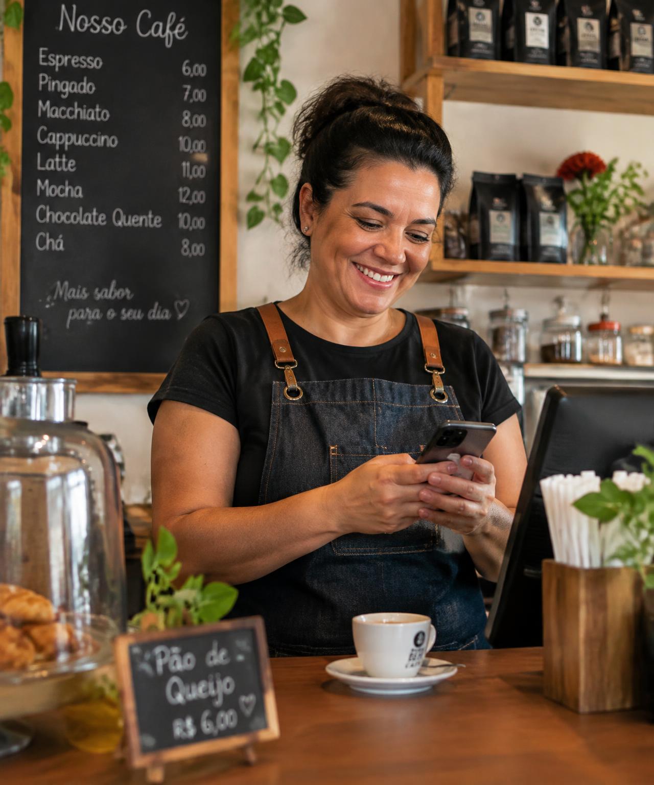 Dona de café olhando o celular no balcão